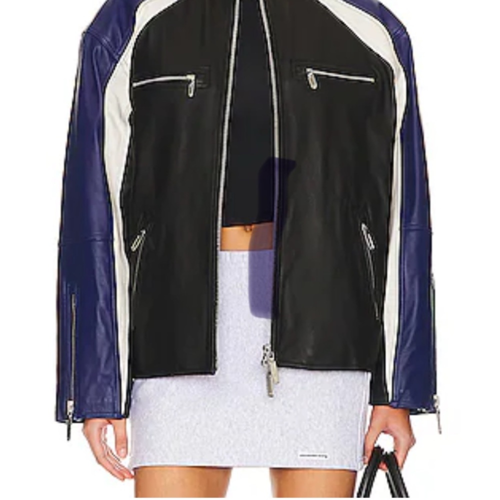 MBD ~ Colorblock Lamb Leather Jacket - Black, White, and Blue